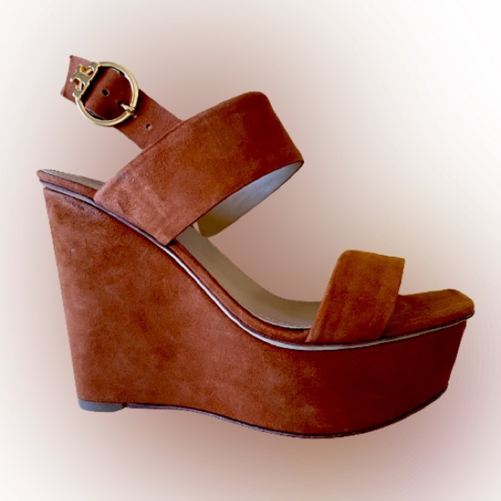 NEW Tory Burch Loretta 120mm Platform Wedge Lancaster Suede New Cuoio si…